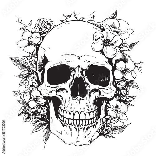 Skull in flowers death day sketch hand drawn illustration