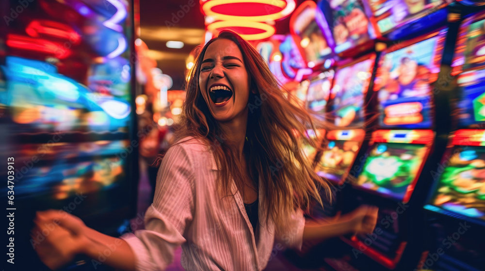 A woman happily celebrates her jackpot win on a slot machine in a casino A woman happily celebrates her jackpot win on a slot machine in a casino