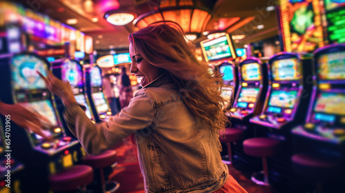 A woman happily celebrates her jackpot win on a slot machine in a casino