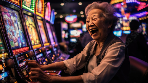 A woman happily celebrates her jackpot win on a slot machine in a casino photo