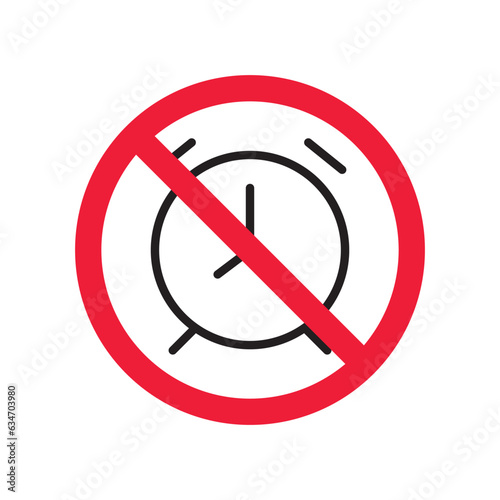 Forbidden clock vector icon. Warning, caution, attention, restriction, label, ban, danger. No alarm clock flat sign design pictogram symbol. No clock icon