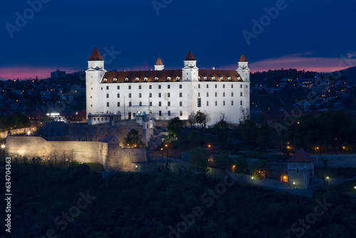 Medieval castle on a hill in Bratislava in night, Slovakia