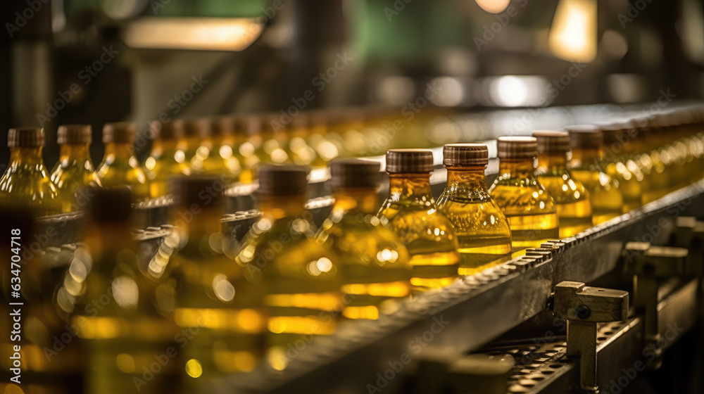 Cooking oil-filled bottles moving gracefully along a conveyor belt in a bustling production line Cooking oil-filled bottles moving gracefully along a conveyor belt in a bustling production line