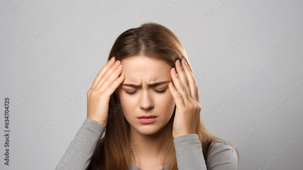 An adult woman with a migraine headache grasping her head in pain. Isolated on a white background.
Generative AI. An adult woman with a migraine headache grasping her head in pain. Isolated on a white background.
Generative AI.
