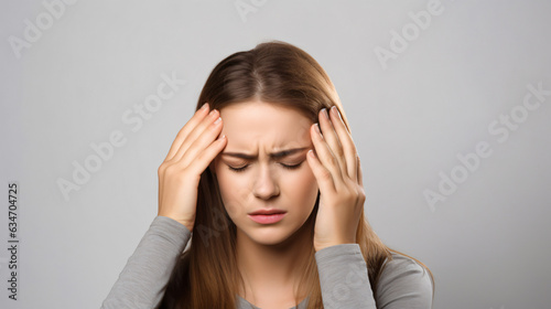An adult woman with a migraine headache grasping her head in pain. Isolated on a white background.
Generative AI.