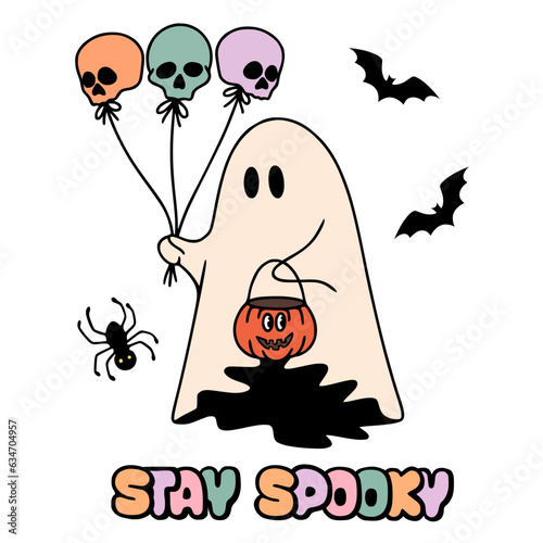 Spooky ghost holding ballons skull and pumpkin halloween. 70s groovy vector illustration. Halloween ghost cartoon. Retro cute halloween ghost. Vintage cartoon style.
