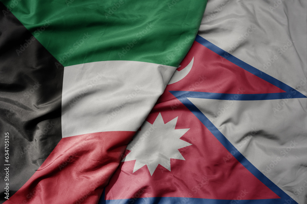 big waving realistic national colorful flag of kuwait and national flag of nepal .