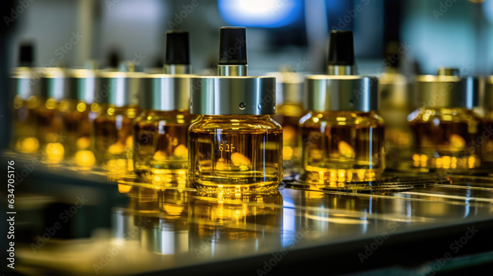 Cooking oil-filled bottles moving gracefully along a conveyor belt in a bustling production line Cooking oil-filled bottles moving gracefully along a conveyor belt in a bustling production line
