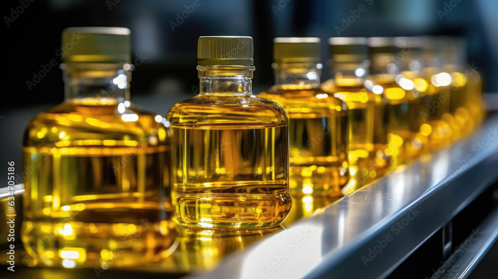 Cooking oil-filled bottles moving gracefully along a conveyor belt in a bustling production line Cooking oil-filled bottles moving gracefully along a conveyor belt in a bustling production line