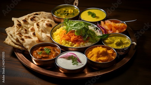 Rice, Curries, Naan, and Condiments in a Traditional Indian Meal - Feast of Indian Flavors