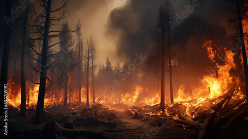 Forest fire; vast expanses of pine trees consumed during the dry spell. Wildfire rages in the woods. The notion of global catastrophes on our planet.Generative AI.