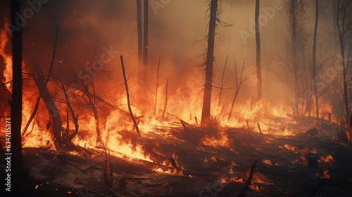 Forest fire; vast expanses of pine trees consumed during the dry spell. Wildfire rages in the woods. The notion of global catastrophes on our planet.Generative AI.