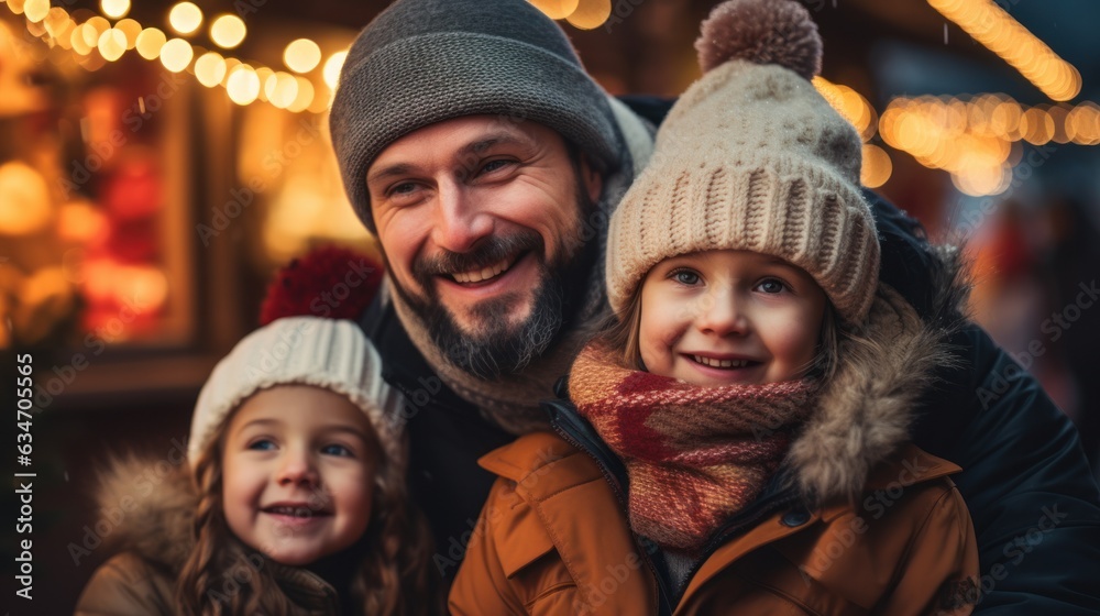 Parents and children have a wonderful time at a traditional Christmas market on a winter evening. Parents and children decorate the lights.