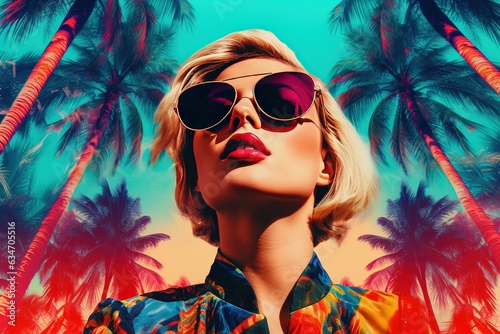Sexy blonde girl in trendy sunglasses on background of palm trees pin up girl in summer travel illustration for poster, postcard, social network banner Generative AI