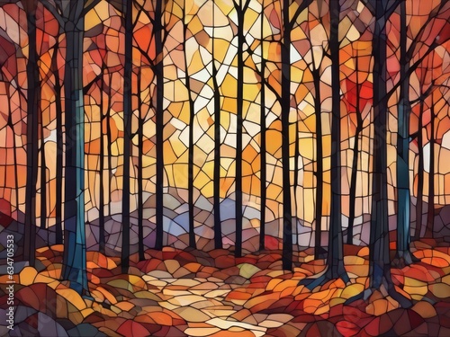 Abstract autumn forest at sunset, in the style of mosaics stained glass window 