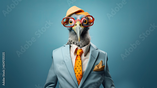 Portrait of Anthropomorphic Wacky Bird with Red Glasses, Blue Suit, and Orange Tie © OneByOne