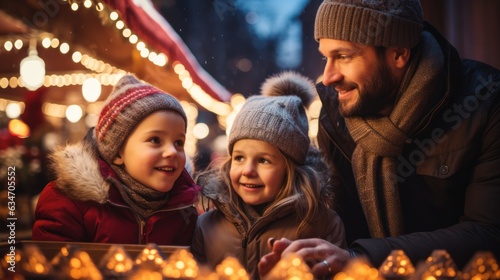 Parents and children have a wonderful time at a traditional Christmas market on a winter evening. Parents and children decorate the lights.