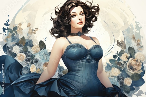 Portrait of attractive dreamy plus size woman on a floral background. Illustration. Generative AI