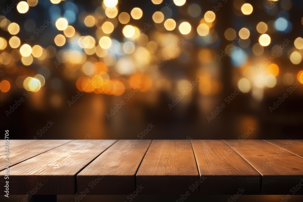 Restaurant background with blurred bokeh lights on an empty wooden table top. Restaurant background with blurred bokeh lights on an empty wooden table top.