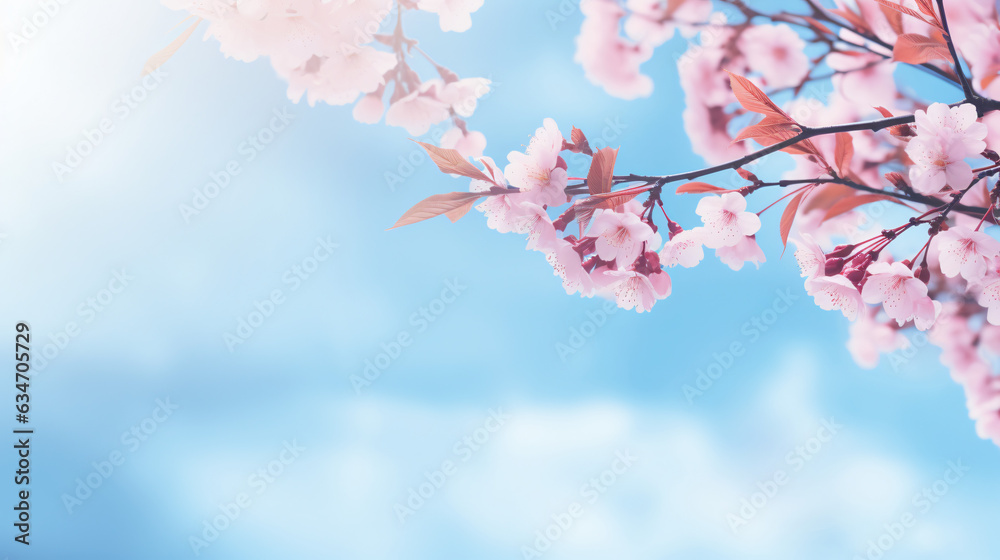 Spring banner, pink sakura blossoms, dreamy romantic spring image, panoramic landscape, copy space. Branches of blooming cherry against a background of blue sky.

Generative AI.