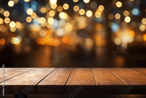 Restaurant background with blurred bokeh lights on an empty wooden table top.