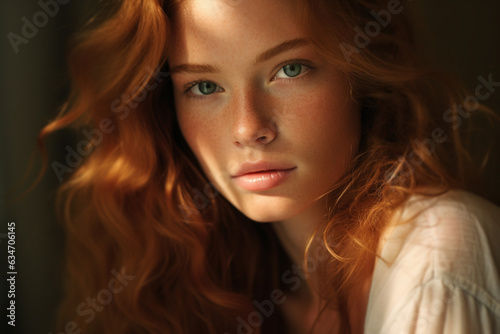 Portrait of pretty redhead young woman with freckles and on face looking at camera, close-up. Natural female beauty, skin care, youth concept