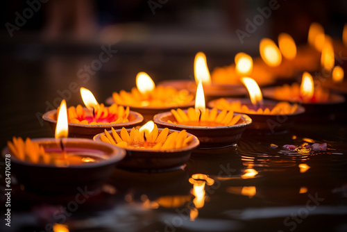 Diya candles reflected in water, creating a serene ambiance, Diwali, the triumph of light and kindness Generative AI