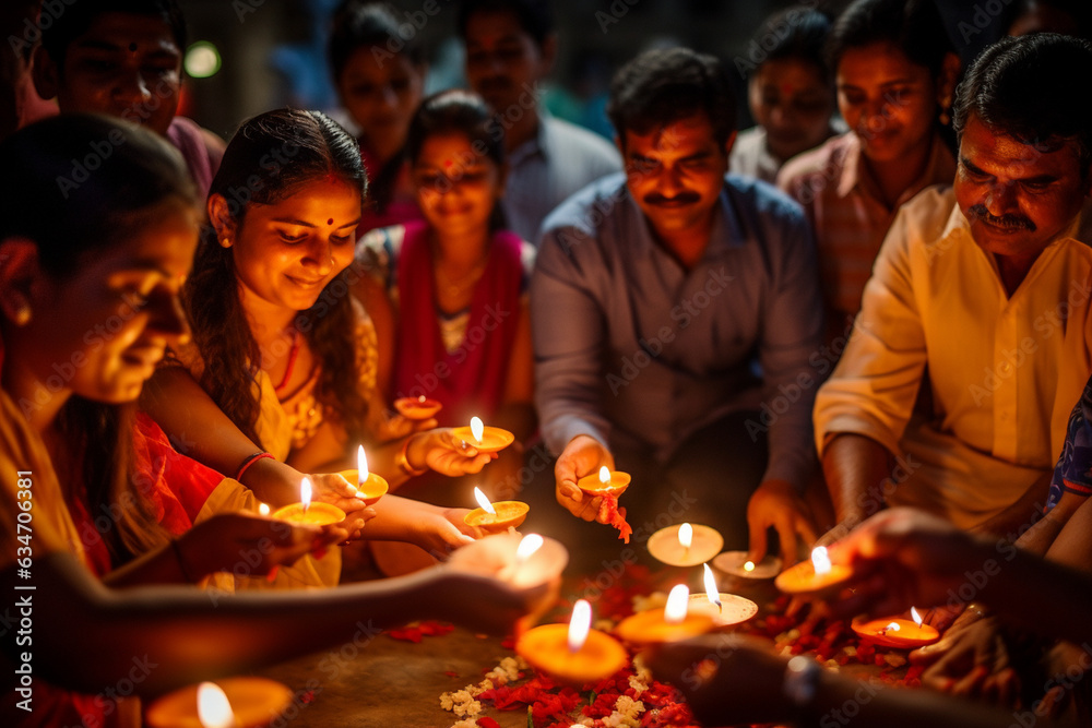 Fototapeta premium Group of people participating in a Diwali prayer ceremony, Diwali, the triumph of light and kindness Generative AI