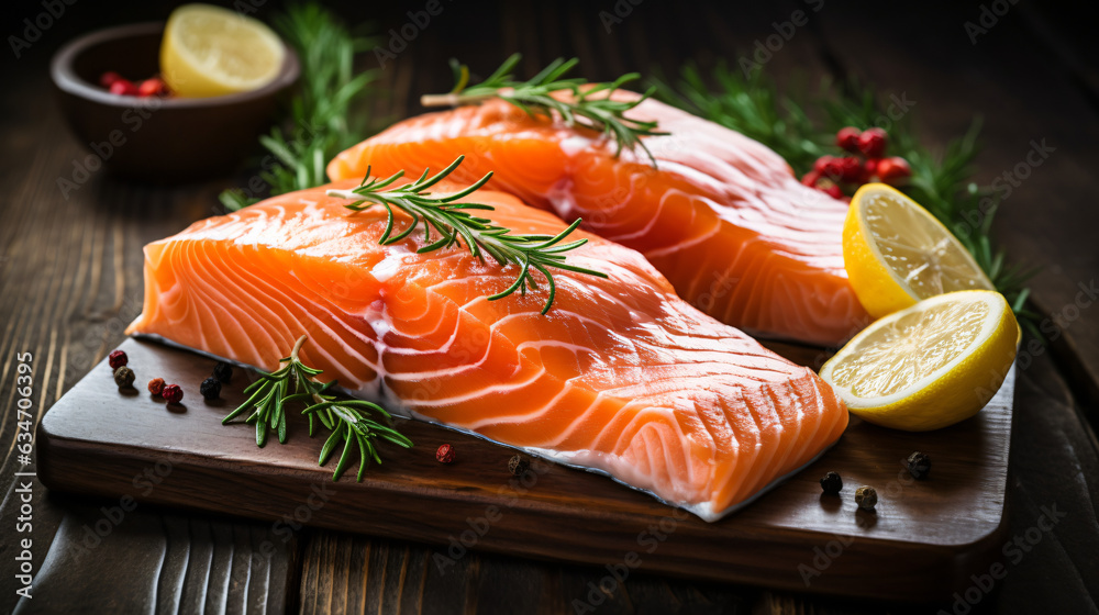 Raw salmon fillets with lemon and rosemary on a wooden table. Neutral background.

Generative AI.
