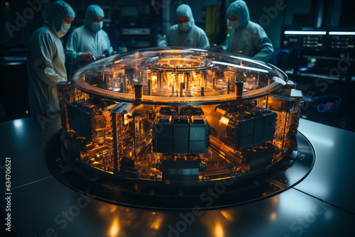 technicians working on modern Quantum Computer in science laboratory