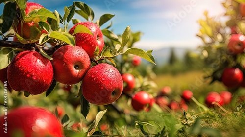 Apple orchard, sunny day, apple harvest. AI generation