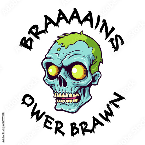 Photography Brains over brawn Halloween party cartoon style zombie face with funny lettering vector illustration