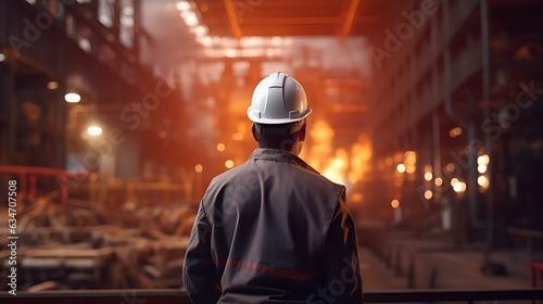 One industrial workers or engineer in orange uniform. Technical employee wearing a helmet. Rear view.