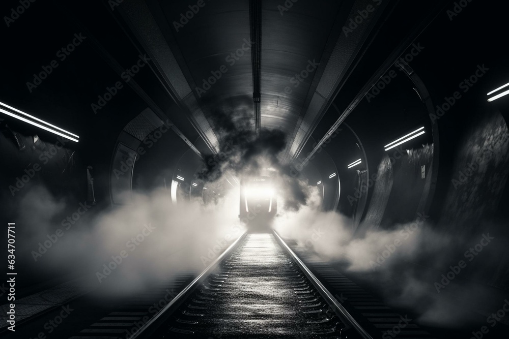 A sleek train zooms through a smoke-filled tunnel with dazzling light. The black and white backdrop showcases its reflection on the floor. Generative AI