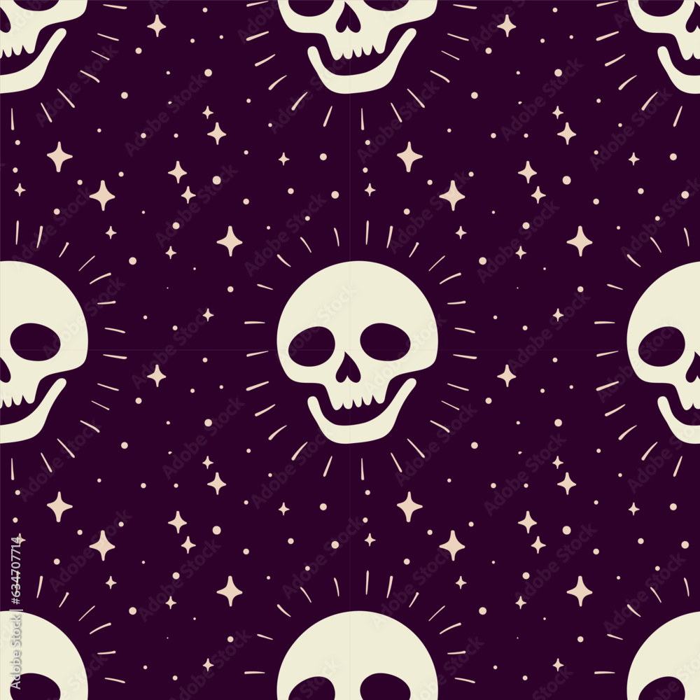 Seamless pattern oft human skulls and stars around. Vector illustration