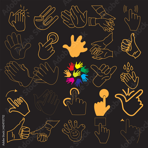 Fototapeta Naklejka Na Ścianę i Meble -  Hands poses. Female hand holding and pointing gestures, fingers crossed, fist, peace and thumb up. Cartoon human palms and wrist vector set. Communication or talking with emoji for messengers
