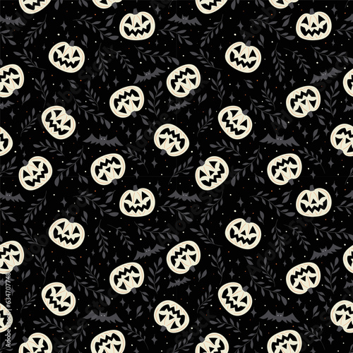 White spooky pumpkins and bats on black background. Seamless pattern for Halloween