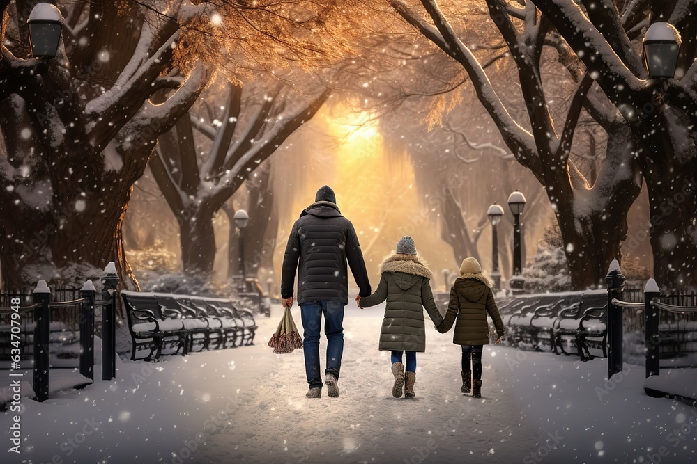 Family walking in the snow