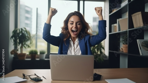 Ecstatic woman sits at a desk, overwhelmed with joy, celebrating her online lottery victory. Elated, she receives an email on her laptop, rejoicing over the positive news of her job promotion. Gen. AI