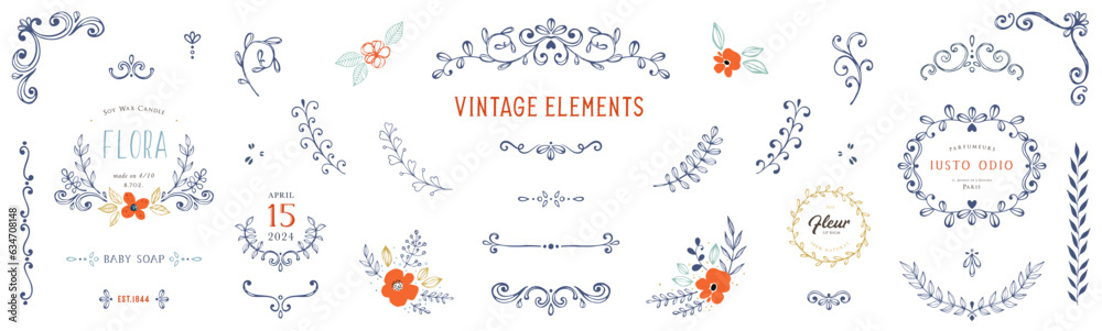 Ornate handdrawn elements, frames, labels, scroll and logos, branches, leaves and floral motifs. For branding, packaging and stickers for handmade goods, visual identity, business and greeting cards. Ornate handdrawn elements, frames, labels, scroll and logos, branches, leaves and floral motifs. For branding, packaging and stickers for handmade goods, visual identity, business and greeting cards.