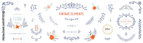Ornate handdrawn elements, frames, labels, scroll and logos, branches, leaves and floral motifs. For branding, packaging and stickers for handmade goods, visual identity, business and greeting cards.