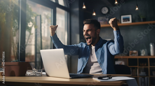 Ecstatic man sits at a desk, overwhelmed with joy, celebrating his online lottery victory. Elated, he receives an email on her laptop, rejoicing over the positive news of his job promotion. Gen. AI