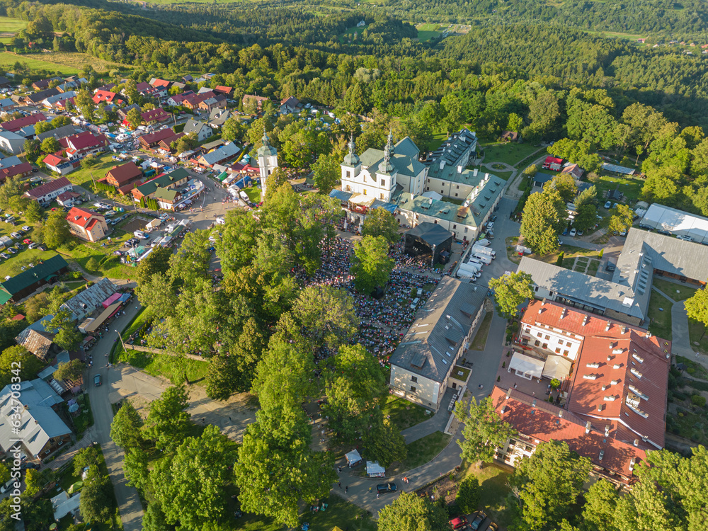 Kalwaria Paclawska, Subcarpathian, Poland - 13 August 2023: view of the basilica and the Franciscan monastery during Mass during the Great Indulgence of the Assumption of the Blessed Virgin Mary