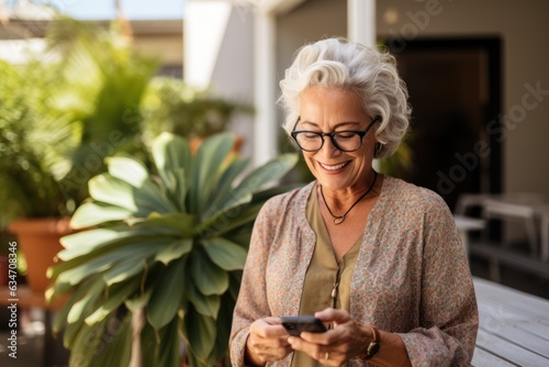 Happy old woman looking at the phone screen evening Retired woman checking her smartphone