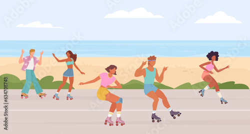 People roller background. rollerblades in seafront park, fun sport urban activity male, flat characters riding. vector cartoon background.