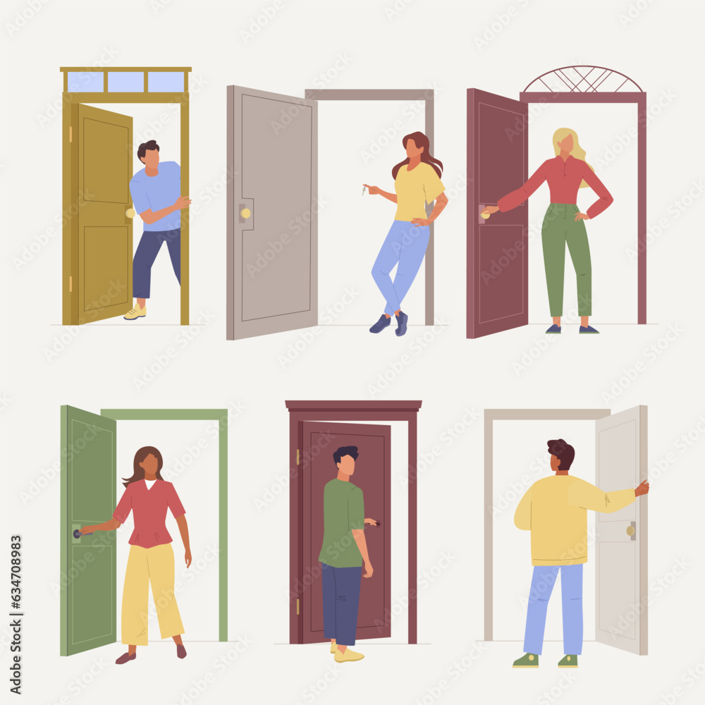 people and doors. different dressed characters open and close doors, entry or exit peeking. vector cartoon illustration.