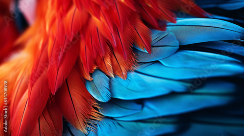 Closeup of a vibrant parrot. Background of parrot feathers showcasing a red and blue exotic texture.Generative AI.