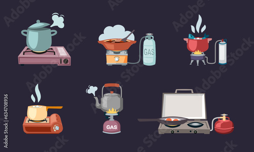 food preparing cookware. boiling, frying, baking in kitchen pan, kettles and other utensils, egg fish and soup preparing. vector cartoon set of isolated items.