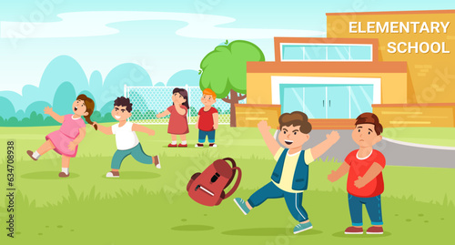 bully kids background. school bullying situations, conflicts between children, classmates violent mockery concept. vector cartoon flat background.