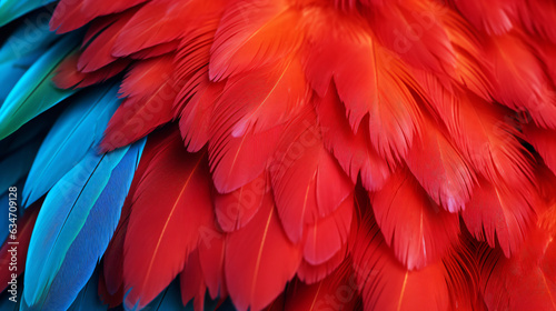 Closeup of a vibrant parrot. Background of parrot feathers showcasing a red and blue exotic texture.  Generative AI. © Nico Vincentini